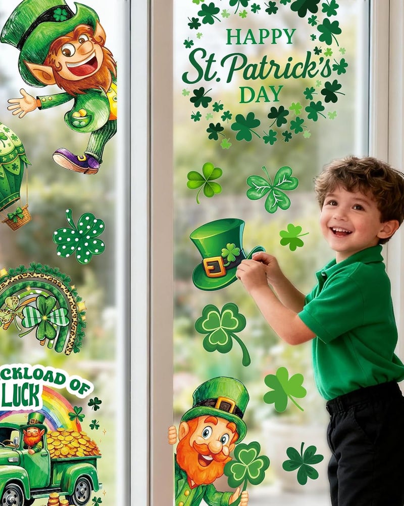 JMHACHY St Patricks Day Window Clings - 9 Sheets 88Pcs Reusable Saint Patricks Day Decorations for Home Office, Shamrock Rainbows Window Stickers for Glass, Double-Sided Large Decals - Image 4